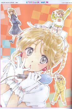 Rule 34 | 1girl, abstract background, adjusting eyewear, arm behind back, arm up, barefoot, binding discoloration, blonde hair, blush stickers, braid, earrings, glasses, gloves, grey eyes, hair ribbon, hand on eyewear, hand on own face, highres, horiguchi yukiko, idol, jewelry, jumping, kikan s, loafers, long hair, looking at viewer, magazine scan, microphone, multiple views, non-web source, open mouth, original, pajamas, pink shorts, pleated skirt, ponytail, ribbon, scan, school uniform, serafuku, shoes, shorts, skirt, smile, sneakers, socks, twintails, white gloves