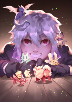 1boy absurdres animal black_gloves brown_background commentary creature dog double-parted_bangs dragon english_commentary gloves grey_hair hair_between_eyes highres looking_at_viewer lydialing_draws male_focus original red_eyes short_hair small_dragon smile solo undersized_animal