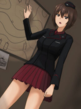 1girl breasts brown_eyes brown_hair clenched_hand commentary_request cowboy_shot cross eyes_visible_through_hair garrison_cap girls_und_panzer hair_between_eyes hat highres iron_cross jacket kuromorimine_military_uniform large_breasts long_sleeves map military military_hat military_jacket military_uniform miniskirt nishizumi_maho open_mouth red_shirt red_skirt serious shirt short_hair sirius-1137 skirt solo standing
