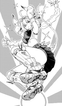 1girl absurdres ahoge arm_warmers armpits arms_up braid closed_mouth commentary_request cow_girl ddal ear_bell full_body genshin_impact greyscale hair_intakes highres horns looking_at_viewer monochrome pleated_skirt shoes skirt sneakers solo sparkle twin_braids varesa_(genshin_impact) wavy_mouth