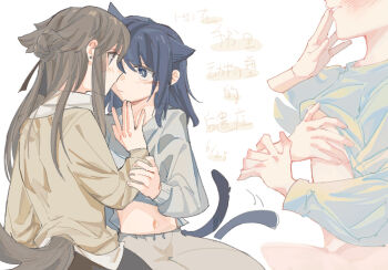 2girls animal_ears artist_request blue_eyes blue_hair blue_shirt blush brown_hair brown_shirt cat_ears cat_girl cat_tail chinese_commentary clothes_lift commentary_request commission dog_ears dog_girl dog_tail eye_contact grabbing_another&#039;s_breast grey_shirt groping hand_on_another&#039;s_face highres holding_another&#039;s_wrist kemonomimi_mode lanserongjie long_hair long_sleeves looking_at_another miyagi_shiori multiple_girls parted_lips second-party_source sendai_hazuki shirt shirt_lift shuuniichido_classmate_wo_kau_hanashi tail tail_wagging translation_request white_background yuri