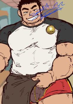 1boy apron bara barista beard_stubble black_hair clothes_lift covered_penis cowboy_shot doromizu_(doromiez) facial_hair grin half-closed_eyes large_pectorals lifting_own_clothes looking_at_viewer lucas_lee male_focus male_underwear muscular muscular_male no_pants pectorals pelvic_curtain pelvic_curtain_lift red_male_underwear scott_pilgrim_(series) scott_pilgrim_takes_off shirt short_hair short_sleeves smile solo standing strongman_waist stubble t-shirt thick_eyebrows thick_thighs thighs tight_clothes tight_shirt underwear unfinished waist_apron