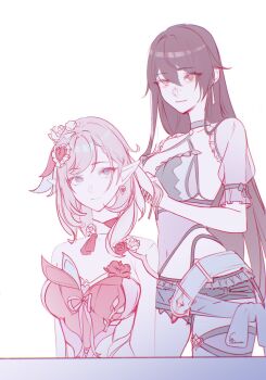 2girls bikini black_bikini black_shorts breasts brown_hair brushing_hair catandcrumbles cleavage commentary dress earrings eden_(flowing_rhyme)_(honkai_impact) eden_(honkai_impact) elf elysia_(hi_love_elf)_(honkai_impact) elysia_(honkai_impact) english_commentary hair_brush heart heart_earrings highres holding holding_hair_brush honkai_(series) honkai_impact_3rd jewelry large_breasts midriff multicolored_hair multiple_girls navel official_alternate_costume pink_hair pointy_ears red_dress short_hair short_shorts shorts sitting smile standing swimsuit two-tone_hair white_dress white_hair