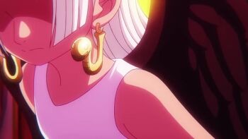 1girl animated anime_screenshot black_feathers black_wings dark-skinned_female dark_skin earrings feathers fire hair_flip jewelry long_hair looking_at_viewer one_piece s-snake seraphim_(one_piece) snake_earrings star-shaped_pupils star_(symbol) symbol-shaped_pupils tagme video white_hair wings yellow_eyes