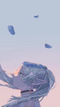 1girl blue_flower blue_petals blue_sky blurry clear_sky closed_mouth depth_of_field earrings elf expressionless falling_petals flower frieren from_side green_eyes grey_hair head_wreath highres hiromu_(hiromu920142372) jewelry long_hair long_pointy_ears looking_ahead negative_space petals pointy_ears profile sky solo sousou_no_frieren teardrop_earrings thick_eyebrows wind