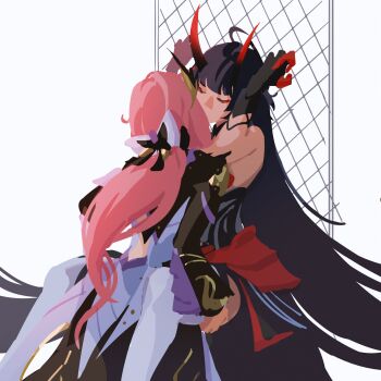Rule 34 | ahoge, black dress, black gloves, black shrug, cape, closed eyes, commentary, crmnlmlfhntr, dress, elysia (honkai impact), elysia (miss pink elf) (honkai impact), english commentary, gloves, highres, honkai (series), honkai impact 3rd, horns, kiss, long hair, pink hair, purple hair, raiden mei, raiden mei (herrscher of thunder), red horns, short hair, shrug (clothing), simple background, very long hair, yuri