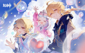 1boy 2girls aether_(genshin_impact) ahoge arm_up artist_name ayiiiyiii balloon black_boots black_tank_top blonde_hair blue_bow blue_hoodie blue_sky boots bow braid brother_and_sister brown_shirt closed_eyes clothes_writing cloud cloudy_sky commentary confetti copyright_name dated day earrings english_commentary feather_hair_ornament feathers floating floating_hair flower flying genshin_impact grey_bag grey_hair hair_between_eyes hair_bow hair_flower hair_ornament hairclip halo heart_balloon highres hood hoodie jacket jewelry lapels long_hair long_sleeves lumine_(genshin_impact) mechanical_halo multiple_girls open_mouth outdoors paimon_(genshin_impact) pink_jacket puffy_long_sleeves puffy_sleeves shirt short_hair short_sleeves shorts siblings sidelocks single_braid single_earring sky smile sparkle sweater tank_top teeth thigh_strap turtleneck turtleneck_sweater upper_body watch white_shorts white_sweater wristwatch x_hair_ornament yellow_eyes zipper