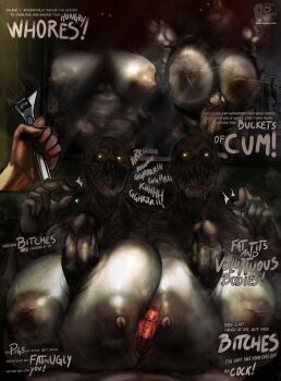 2futa absurdres autopaizuri breasts colored_skin curvy futa_with_male futanari grey_skin highres horror_(theme) huge_breasts humiliation imminent_paizuri imminent_penetration laughing masturbation mdd_threesome monster monster_girl multiple_futa nightmare no_humans non-web_source paizuri plump regenerador resident_evil resident_evil_4 resident_evil_4_(remake) rongodombo small_penis_humiliation threesome