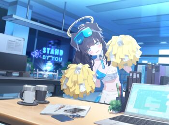 1girl absurdres animal_ears artist_request bare_arms bare_shoulders black_hair blue_archive blue_eyes book breasts cheerleader cleavage computer crop_top cup embarrassed english_text facial_mark game_cg goggles goggles_on_head halo hibiki_(blue_archive) hibiki_(cheer_squad)_(blue_archive) highres laptop large_breasts long_hair looking_at_viewer midriff millennium_cheerleader_outfit_(blue_archive) miniskirt monitor mug navel non-web_source official_alternate_costume official_art pen pleated_skirt pom_pom_(cheerleading) ponytail skirt solo star_(symbol) stomach table upper_body white_background white_skirt whiteboard yellow_halo