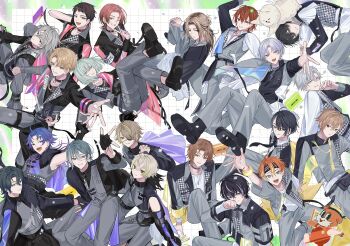 18trip 22kolink 6+boys ahoge azekawa_kinari black_choker black_gloves black_hair black_shoes brown_eyes brown_hair choker closed_mouth clothing_cutout confetti dog domeki_kuguri eyepatch fingerless_gloves gloves green_eyes grey_eyes grey_hair grey_pants grey_vest grid_background hachinoya_nagi hair_between_eyes highres isotake_akuta kaguya_muneuji kinouchi_tao kinugawa_kiroku kitakata_raito kurama_ushio long_hair long_sleeves looking_at_viewer lu_liguang multicolored_hair multiple_boys murakumo_ten nanamegi_nanaki natsume_yodaka natsuyaki_chihiro nishizono_renga oguro_kafka open_mouth orange_hair outstretched_hand pants parted_bangs purple_hair red_eyes shiramitsu_ryui shiramitsu_toi shirt shoes short_hair shoulder_cutout smile streaked_hair v vest white_dog white_shirt yellow_eyes yowa_netaro