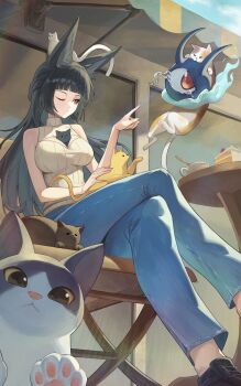 1girl 6+others absurdres alternate_costume animal animal_between_breasts animal_ear_fluff animal_ears animal_on_head awning bare_shoulders black_cat black_hair black_shoes blue_pants blunt_bangs breast_cutout breasts brown_cat cake cake_slice cat chair closed_mouth clothing_cutout commentary crossed_legs crying crying_with_eyes_open cup english_commentary et0 food fox_ears fox_girl highres hoshimi_miyabi long_hair looking_at_another medium_breasts multicolored_cat multiple_cats multiple_others on_chair on_head one_eye_closed orange_cat outdoors pants red_eyes ribbed_sweater shoes sitting sleeveless sleeveless_sweater spoon sweater table teacup tears white_sweater zenless_zone_zero