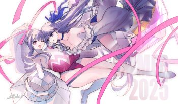 Rule 34 | 2girls, bare shoulders, blue eyes, blue ribbon, blush, breasts, choker, claw (weapon), fate/grand order, fate (series), frills, hair ribbon, highleg, highleg one-piece swimsuit, highres, huge breasts, leotard, long hair, long sleeves, looking at viewer, meltryllis, meltryllis (fate), meltryllis (swimsuit lancer) (fate), meltryllis (swimsuit lancer) (second ascension) (fate), multiple girls, no-kan, off-shoulder one-piece swimsuit, off shoulder, one-piece swimsuit, one eye closed, open mouth, passionlip (fate), passionlip (swimsuit saber) (second ascension) (fate), pink eyes, pink leotard, pink ribbon, ponytail, prosthesis, prosthetic leg, puffy sleeves, purple hair, ribbon, sleeved leotard, sleeves past fingers, sleeves past wrists, small breasts, smile, swimsuit, thighs, very long hair, weapon, white ribbon