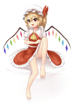 1girl ascot barefoot blonde_hair collared_shirt commentary crystal crystal_wings doge_(jkdoge) fang flandre_scarlet frilled_shirt_collar frilled_skirt frills hat highres looking_at_viewer mob_cap multicolored_wings one_side_up open_mouth panties pantyhose pantyshot puffy_short_sleeves puffy_sleeves red_eyes red_skirt red_vest shirt short_sleeves skirt skirt_set smile solo toes touhou underwear variant_set vest white_hat white_pantyhose white_shirt wings yellow_ascot