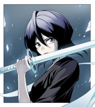 1girl absurdres black_kimono bleach border commentary double-parted_bangs fighting_stance film_grain grey_eyes hair_between_eyes hand_up highres holding holding_sword holding_weapon ice japanese_clothes katana kimono korean_commentary kuchiki_rukia long_ribbon medium_hair nose open_mouth outside_border ribbon shikai simple_background sode_no_shirayuki_(shikai) solo sword upper_body weapon white_border white_ribbon yogert_chip