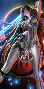 Rule 34 | 1girl, black hair, blue eyes, bodysuit, breasts, cleavage cutout, clothing cutout, glowing, glowing weapon, highres, holding, holding sword, holding weapon, large breasts, liang xing, lips, long hair, looking at viewer, multicolored bodysuit, parted lips, raven (stellar blade), raven suit (stellar blade), silver bodysuit, skin tight, solo, stellar blade, sword, very long hair, weapon