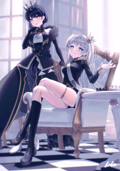 2girls absurdres aiguillette armchair black_dress black_gloves black_hair black_shorts black_socks blue_eyes blue_hair board_game braid breasts chair checkered_floor chess chess_piece chessboard closed_mouth commentary crossed_legs crown dress earrings elbow_gloves english_commentary epaulettes full_body fur_trim gloves gold_trim gosegu grey_hair hair_bun hand_up highres indoors jacket jewelry king_(chess) kneehighs knight_(chess) lala_2080 lilpa loafers long_hair long_sleeves looking_at_viewer medium_breasts mini_crown multiple_girls on_chair sash shoes short_hair short_shorts shorts shoulder_sash sidelocks signature sitting smile socks standing thigh_strap thighlet thighs throne tiara tilted_headwear two_side_up virtual_youtuber waktaverse white_hair window yellow_eyes