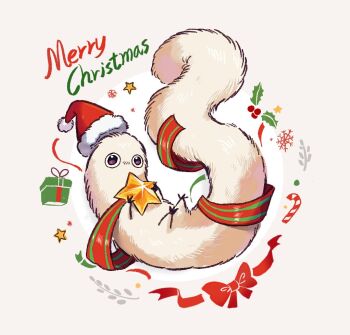 box brushbuddy candy candy_cane christmas commentary creature english_commentary food full_body gift gift_box hat holding holding_star merry_christmas no_humans santa_hat simple_background star_(symbol) tongari_boushi_no_atelier youre_uru