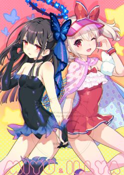2girls asymmetrical_gloves bare_shoulders black_gloves black_hair black_leotard black_thighhighs blush bow breasts butterfly_hair_ornament cape character_name choker commentary_request dress_swimsuit fate/grand_order fate_(series) flower gloves hair_ornament hair_ribbon hairclip halo holding_hands illyasviel_von_einzbern illyasviel_von_einzbern_(swimsuit_archer) illyasviel_von_einzbern_(swimsuit_archer)_(second_ascension) inflatable_armbands leotard long_hair looking_at_viewer miyu_edelfelt miyu_edelfelt_(swimsuit_lancer)_(third_ascension) multiple_girls nishimura_eri one-piece_swimsuit one_eye_closed open_mouth red_bow red_eyes red_one-piece_swimsuit ribbon sidelocks single_thighhigh small_breasts smile star_(symbol) star_print swimsuit thighhighs thighs twintails visor_cap watermark white_hair