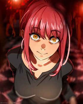 Rule 34 | 1girl, absurdres, arm behind back, artist name, black shirt, blurry, blurry foreground, breasts, chainsaw man, checkered floor, closed mouth, collarbone, commentary, constricted pupils, creepy, depth of field, english commentary, eyebrows hidden by hair, female focus, hair between eyes, highres, indoors, leaning forward, long hair, long sleeves, looking at viewer, makima (chainsaw man), medium breasts, ponytail, red hair, ringed eyes, shadow, shirt, smile, solo, staring, stepkingo art, upper body, yellow eyes