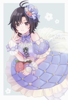 1girl absurdres antenna_hair black_hair border bow bowtie breasts detached_sleeves dress fingernails flower_symbol food fruit fruit_hat_ornament green_background grey_eyes grin hat highres idolmaster idolmaster_(classic) kikuchi_makoto light_blush looking_at_viewer mini_hat nail_polish outside_border pink_nails puffy_detached_sleeves puffy_sleeves purple_bow purple_bowtie purple_dress purple_hat shirako_(srk_srtk) short_hair simple_background smile solo strawberry watermark white_border