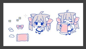 Rule 34 | 1girl, :3, ahoge, animal ear fluff, animal ears, black border, black sailor collar, black shoes, blue dress, blush stickers, border, brown hair, cat ears, cat girl, cat tail, chibi, closed eyes, closed mouth, dress, holding, holding pillow, long sleeves, nakkar, original, pillow, sailor collar, sailor dress, shoes, tail, twintails, white background