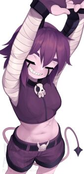 1girl arms_up bandaged_arm bandages belt black_belt black_choker breasts choker closed_eyes copyright_request cowboy_shot crop_top demon_tail fingerless_gloves gloves grin hair_between_eyes highres medium_breasts medium_hair navel purple_gloves purple_hair purple_shorts sharp_teeth shorts simple_background skull_ornament smile solo stomach tail teeth white_background yoako