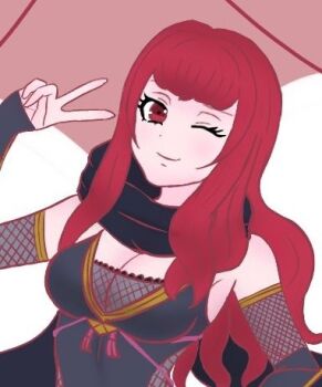 1girl ;) black_scarf breasts cleavage fe_posca0119 fire_emblem fire_emblem_engage fire_emblem_heroes japanese_clothes long_hair lowres medium_breasts ninja nintendo official_alternate_costume one_eye_closed red_eyes red_hair scarf smile solo v yunaka_(fire_emblem) yunaka_(stealthy_imitator)_(fire_emblem)