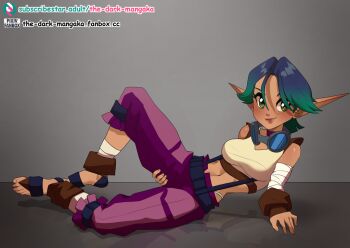 1girl arm_rest bandaged_arm bandaged_leg bandages blue_hair breasts brown_gloves closed_mouth commission crop_top fanbox_username feet female_focus fingerless_gloves gloves goggles goggles_around_neck green_eyes green_hair hair_between_eyes hand_on_own_thigh jak_and_daxter keira_hagai knee_up lips looking_at_viewer lying medium_breasts multicolored_hair navel on_side paid_reward_available pants pointy_ears purple_pants reflection shirt short_hair solo subscribestar_username suspenders the_dark_mangaka thighs toeless_footwear toes watermark web_address white_shirt