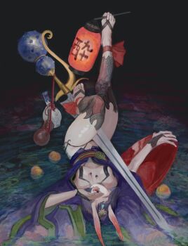 Rule 34 | 1girl, ankle bow, ankle ribbon, between legs, between toes, bikini, black bikini, bow, closed eyes, commentary, cup, eating, eyeliner, fate/grand order, fate (series), food, fruit, gourd, highres, holding, holding food, holding with feet, horns, japanese clothes, kimono, knee up, l 5090, lantern, leg armor, leg up, long sleeves, lying, makeup, obi, obijime, on back, oni, open clothes, open kimono, open mouth, paper lantern, partially submerged, peach, purple hair, purple kimono, red bow, red eyeliner, red sash, ribbon, sakazuki, sash, short hair, short kimono, shuten douji (fate), skin-covered horns, solo, swimsuit, sword, teeth, toes, water, weapon, weapon between legs, wide sleeves