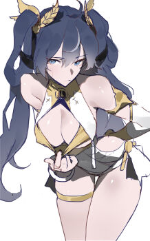 1girl absurdres arm_behind_back bare_shoulders blue_eyes blue_hair bra bra_pull breasts cleavage closed_mouth clothes_pull commentary coteri covered_navel gold_bra hair_belt head_wreath highres iuno_(wuthering_waves) leaning_forward light_blush long_hair looking_at_viewer medium_breasts multicolored_hair simple_background sketch solo streaked_hair thigh_gap thigh_strap thighs twintails underwear white_background wuthering_waves