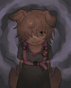 1girl animal_ears arms_behind_back bad_tag bags_under_eyes black_shirt blush bow brown_hair chest_harness dark-skinned_female dark_skin dog_ears dog_girl dog_tail fang flea_(animal) hair_over_one_eye harness highres looking_at_viewer mole mole_under_eye my_name_is_your_choice one_ear_down open_mouth original raised_inner_eyebrows saliva shirt short_hair snugglepuff28 solo spiral_background sweatdrop tail upper_body