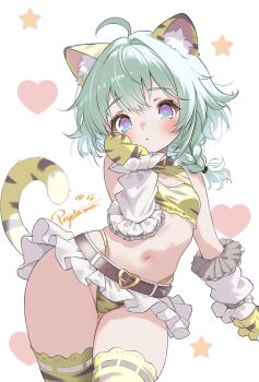 1girl :o ahoge animal_ears animal_hands arm_warmers bare_shoulders belt blue_eyes blush braid breasts cleavage cleavage_cutout clothing_cutout commentary_request contrapposto cowboy_shot frilled_arm_warmers frills gloves green_hair hand_on_own_face heart highleg highleg_panties highres legs_together long_hair looking_at_viewer microskirt multicolored_eyes navel original panties paw_gloves pear-shaped_figure pink_pupils po_yo_ta_ma purple_eyes simple_background skirt small_breasts solo standing star_(symbol) straight_hair tail thighhighs tiger_ears tiger_girl tiger_tail two-tone_eyes underwear white_arm_warmers white_background white_skirt wide_hips yellow_gloves yellow_tail