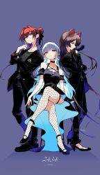 3girls ange_katrina biting biting_glove black_gloves black_shirt crossed_legs fishnet_thighhighs fishnets gloves highres inui_toko lize_helesta multiple_girls nijisanji red_hair shirt sitting standing terea236565905 thighhighs virtual_youtuber