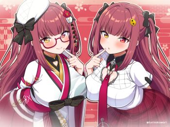 2girls arm_behind_back asymmetrical_docking beret black_bow blush bow breast_press breasts closed_mouth commentary dual_persona finger_to_mouth flower glasses hair_bow hair_flower hair_ornament hat heterochromia highres hololive houshou_marine houshou_marine_(11th_costume) japanese_clothes kimono large_breasts long_hair looking_at_viewer multiple_girls official_alternate_costume official_alternate_hair_length official_alternate_hairstyle open_mouth red-framed_eyewear red_eyes red_hair red_skirt shirt skirt symbol-only_commentary torinokawori two_side_up very_long_hair virtual_youtuber white_hat white_kimono white_shirt yellow_eyes