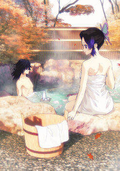 1boy 1girl absurdres autumn_leaves back black_hair bottle breasts bucket butterfly_hair_ornament closed_mouth commentary_request hair_ornament highres kimetsu_no_yaiba kochou_shinobu leaf long_hair low_ponytail multicolored_hair niku_(ni23ku) pectorals ponytail profile purple_eyes purple_hair sitting smile spiked_hair tomioka_giyuu toned toned_male towel tree two-tone_hair upper_body water
