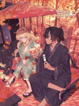 Rule 34 | 1boy, 1girl, absurdres, ahoge, alcohol, autumn, autumn leaves, bench, black hair, black kimono, blonde hair, blue eyes, blush, bottle, braid, commentary request, commission, cup, dango, drinking glass, falling leaves, food, geta, green kimono, grey hair, hair between eyes, hair intakes, highres, holding, holding cup, ice, ice cube, japanese clothes, kimono, leaf, long hair, long sleeves, looking at another, multicolored hair, no socks, oil-paper umbrella, original, outdoors, ponytail, shirogami seisho, sitting, skeb commission, smile, star (symbol), streaked hair, thank you, toasting (gesture), tree, umbrella, wagashi, weapon, weapon request, whiskey