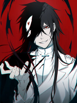1boy aged_down bleach bleach:_sennen_kessen-hen closed_mouth commentary_request evil_smile fingernails hair_over_one_eye highres konetaa long_hair looking_at_viewer male_focus parted_lips red_background simple_background smile solo teeth wandenreich_uniform yhwach