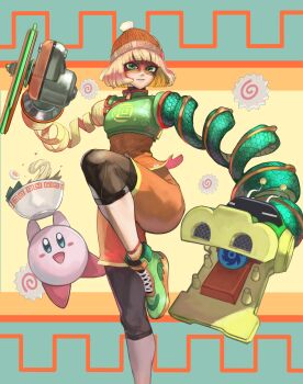 1girl absurdres arms_(game) beanie blonde_hair blue_eyes blunt_bangs bob_cut bowl domino_mask dragon_(arms) extendable_limbs eye_mask eyebrows_visible_through_mask food green_eyes green_shoes hat high_tops highres holding holding_bowl kamaboko kirby kirby_(series) knit_hat leg_up leggings leggings_under_shorts mask meandros min_min_(arms) narutomaki nintendo noodles open_mouth orange_hat orange_shirt orange_shorts ramen ramram_(arms) shirt shoes short_hair shorts sneakers super_smash_bros. suru_(seiya)
