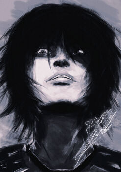 Rule 34 | 1boy, absurdres, black eyes, black hair, crazy grin, from below, highres, kirara hoshi, looking at viewer, mad prince, male focus, parted lips, partially shaded face, portrait, shadow slave, short hair, solo, sunny (shadow slave)