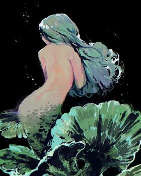 1girl absurdres black_background blue_hair commentary english_commentary facing_away from_behind full_body highres long_hair mermaid monster_girl nude original painterly playing_with_own_hair simple_background solo twisted_torso twulfs wavy_hair