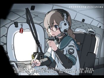 1girl bespectacled blue_sailor_collar book braid brown_eyes brown_hair chair commentary_request dated english_text glasses hair_between_eyes headphones headset holding holding_pen indoors isonami_(kancolle) kantai_collection layered_sleeves letterboxed long_sleeves open_mouth pen sailor_collar shikishima_fugen sidelocks sitting solo twitter_username