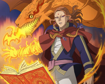 Rule 34 | 1boy, absurdres, black clover, black clover m: rise of the wizard king, blue jacket, book, breath weapon, breathing fire, brown hair, cape, dragon, facial mark, fire, forehead mark, fuegoleon vermillion, grimoire, highres, jacket, long hair, looking at viewer, non-web source, official art, open book, pants, pink sash, purple eyes, pyrokinesis, red cape, salamander (black clover), sash, waist sash, white pants