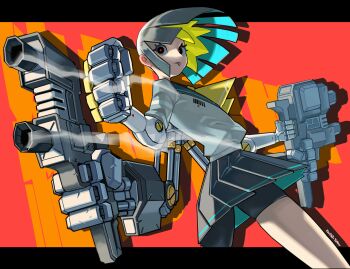 1girl absurdres aqua_hair bike_shorts black_hair black_skirt blonde_hair blue_sailor_collar colored_inner_hair cyberpunk cyborg extra_arms finger_on_trigger gun highres holding holding_gun holding_weapon joints koutetu_yarou mechanical_arms multicolored_hair original red_pupils robot_joints sailor_collar school_uniform science_fiction serafuku shirt skirt solo tongue tongue_out weapon white_shirt