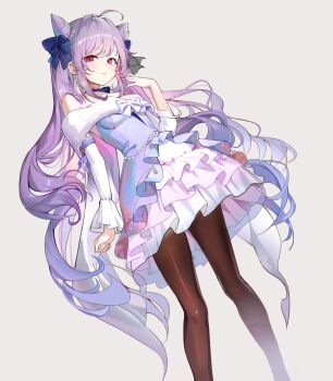 Rule 34 | 1girl, a (sofi3103), brown pantyhose, closed mouth, cone hair bun, detached sleeves, double bun, dress, genshin impact, grey background, hair bun, hand up, highres, keqing (genshin impact), keqing (resplendent feast) (genshin impact), long hair, long sleeves, looking at viewer, off shoulder, official alternate costume, pantyhose, purple hair, simple background, smile, standing, twintails