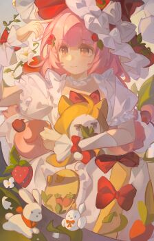 1girl absurdres animal bird blunt_bangs bow brown_eyes cat chinese_commentary choker cloak closed_mouth clothed_animal commentary_request cowboy_shot day dress dress_bow ear_covers eyelashes finger_to_head flower food food-themed_hair_ornament frilled_arm_warmers frilled_choker frilled_headwear frilled_sleeves frills fruit hair_ornament happy hat hat_bow highres holding holding_animal holding_cat holding_food hood hood_up hooded_cloak infinity_nikki leaf_hair_ornament lk_luke long_dress looking_to_the_side low_twintails momo_(nikki) nikki_(nikki) nikki_(series) outdoors plant pom_pom_(clothes) pom_pom_hair_ornament puffy_short_sleeves puffy_sleeves rabbit red_hat short_sleeves smile square_neckline standing strawberry strawberry_hair_ornament sweet_waltz_(infinity_nikki) twintails vines white_arm_warmers white_bird white_bow white_cat white_choker white_dress white_flower witch_hat wrist_bow yellow_cloak