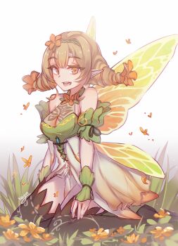 1girl bare_shoulders blonde_hair bracelet breasts butterfly_wings cleavage fairy_wings fire_emblem fire_emblem_heroes gradient_clothes hair_between_eyes hair_vines haiyun halterneck highres insect_wings jewelry leaf_bracelet nintendo peony_(fire_emblem) plant_hair pointy_ears purple_eyes sidelocks wings wrist_wrap