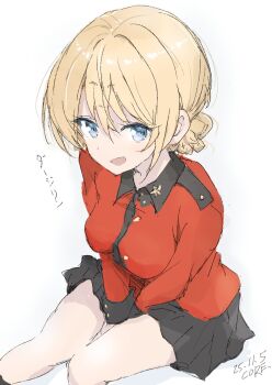 1girl artist_name black_skirt blonde_hair blue_eyes breasts collared_shirt core_(mayomayo) darjeeling_(girls_und_panzer) dated dress feet_out_of_frame from_above girls_und_panzer highres medium_breasts nape_braid pleated_dress red_shirt shirt simple_background skirt solo st._gloriana&#039;s_military_uniform v_arms white_background