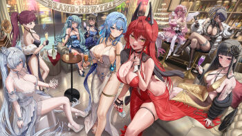 2025 6+girls :d absurdres alcohol arm_strap bare_arms bare_shoulders black_bag black_gloves black_hair black_socks blonde_hair blue_eyes blue_hair blunt_bangs blush bottle breasts champagne champagne_flute character_doll cinderella_(glass_princess)_(nikke) cinderella_(nikke) cleavage closed_eyes closed_mouth clothing_cutout cocktail_dress cocktail_glass couch crossed_legs cup d_(killer_wife)_(nikke) d_(killer_wife)_(secret_party_cleaner)_(nikke) d_(nikke) diesel_(midnight_strawberry)_(nikke) diesel_(nikke) doll dolla_(dark_rose)_(nikke) dolla_(nikke) dorothy_(nikke) dorothy_(nostalgia)_(nikke) dress drinking_glass evening_gown gloves goddess_of_victory:_nikke groin hair_ornament hair_over_one_eye happy_new_year helm_(chandelier)_(nikke) helm_(nikke) high_heels highres hip_vent holding holding_cup holding_microphone horns indoors jacket kneehighs large_breasts long_hair long_sleeves microphone multicolored_hair multiple_girls new_year noise_(classic_diva)_(nikke) noise_(nikke) off_shoulder official_alternate_costume one_eye_closed one_eye_covered open_clothes open_jacket open_mouth pelvic_curtain phonograph pink_hair pink_shoes pinne_(nikke) ponytail privaty_(banquet_princess)_(nikke) privaty_(nikke) purple_eyes purple_hair red_dress red_hair red_hood red_hood_(nikke) red_hood_(nonsense_red)_(nikke) revealing_clothes shiny_skin shoes shoulder_tattoo side_slit sideboob silver_dress silvertsuki sitting skindentation smile socks standing streaked_hair tattoo thigh_strap thighhighs thighs tile_floor tiles twintails white_dress white_hair white_jacket white_thighhighs wings yellow_dress yellow_eyes