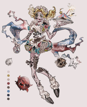 1boy absurdres apron blonde_hair blue_eyeshadow bright_pupils cake coil colored_skin cracked_skin crossdressing crossdressing_(mtf) downturned_eyes eyeshadow faux_traditional_media fireworks floating_clothes food freckles frilled_skirt frilled_wrist_cuffs frills frown full_body hair_intakes harlequin highres hollow_eyes hullabaloo_(identity_v) identity_v knees_together_feet_apart l4npjdfw7x22727 leg_warmers maid maid_apron maid_headdress makeup male_focus male_maid mechanical_legs pink_skin puffy_sleeves rayman_limbs runny_makeup short_twintails skirt solo sparkler torn_clothes twintails unconventional_maid wavy_hair white_pupils wrist_cuffs