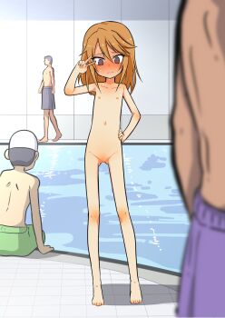 1girl 3boys @_@ absurdres barefoot blush brown_hair cleft_of_venus clothed_male_nude_female embarrassed exhibitionism feet flat_chest full_body hand_on_own_hip hand_up highres idolmaster idolmaster_cinderella_girls loli long_hair luke_(b10a3123m) multiple_boys navel nipples nude pool poolside public_indecency pussy sitting skinny standing sweat thigh_gap toes uncensored v v_over_eye walking water yuuki_haru